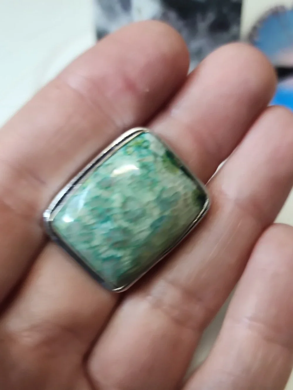 Handcrafted Green Fossil Coral Statement Ring